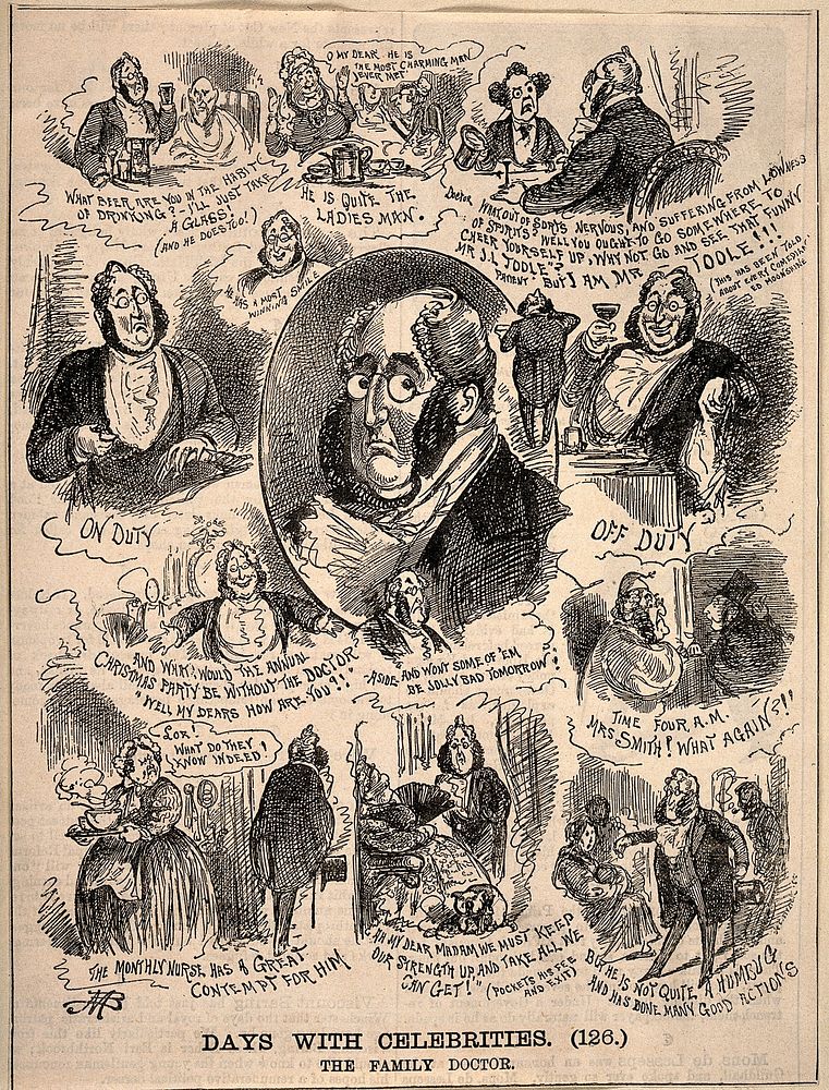 A dozen scenes presenting the manifold aspects of a family doctor's personality. Wood engraving by M.B.