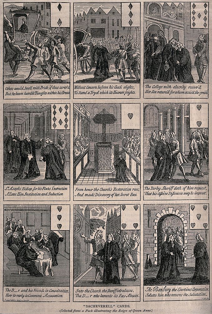 Henry Sacheverell: nine episodes in his life marked with pips allowing the episodes to act as playing cards. Wood engraving…