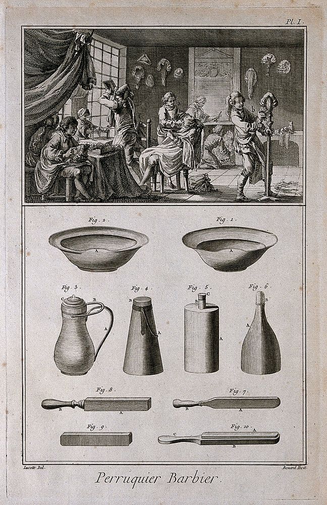 A barber's and wig-maker's establishment, above; shaving bowls, flasks and razors, below. Engraving by R. Bénard after J.R.…