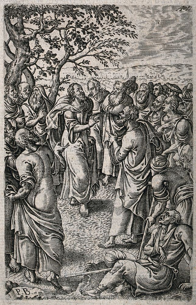Two lame men come to Christ and the apostles. Engraving by A. de Bruyn after P. van der Borcht.