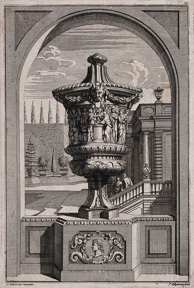 A large, ornate vase with figures joining hands carved in relief on the side, in a classical garden. Etching by J.…