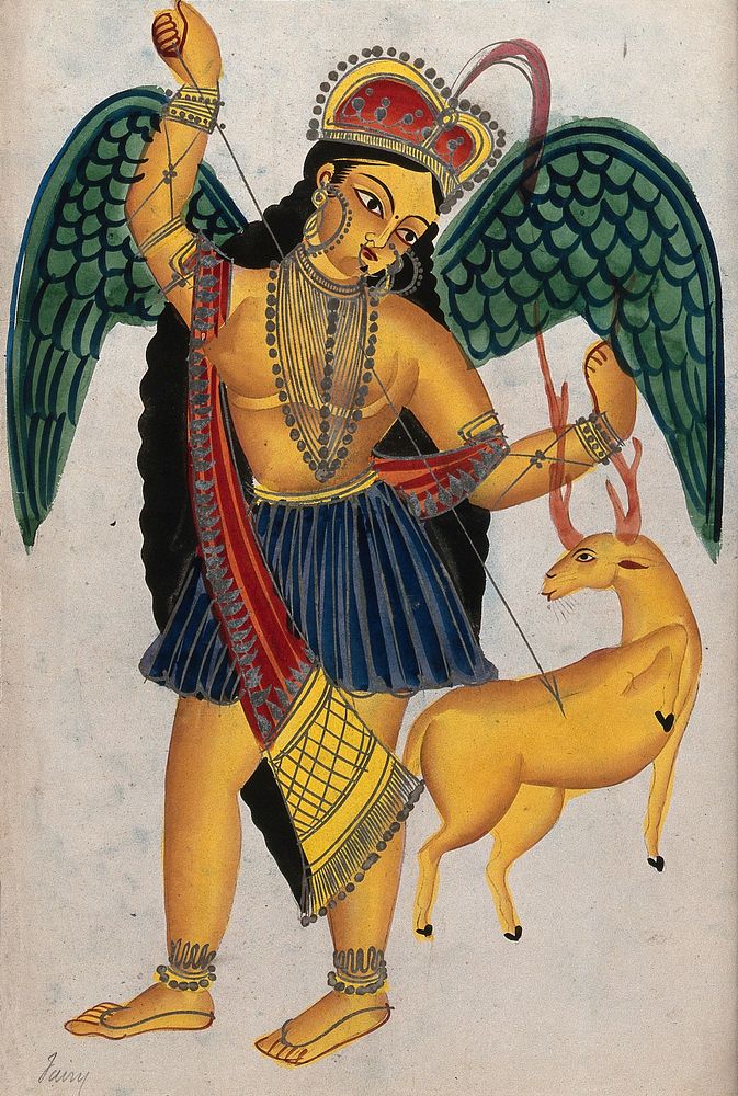 Apsara with pet deer. Watercolour drawing.