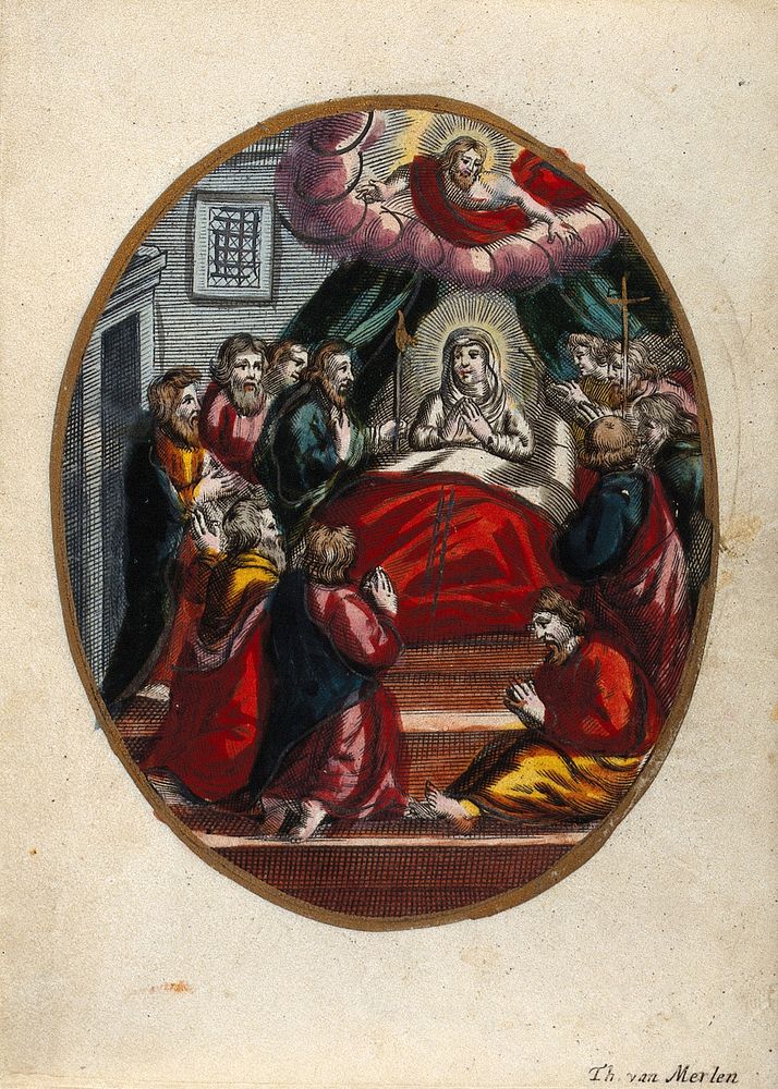 The Dormition of the Virgin. Coloured etching by T. van Merlen.