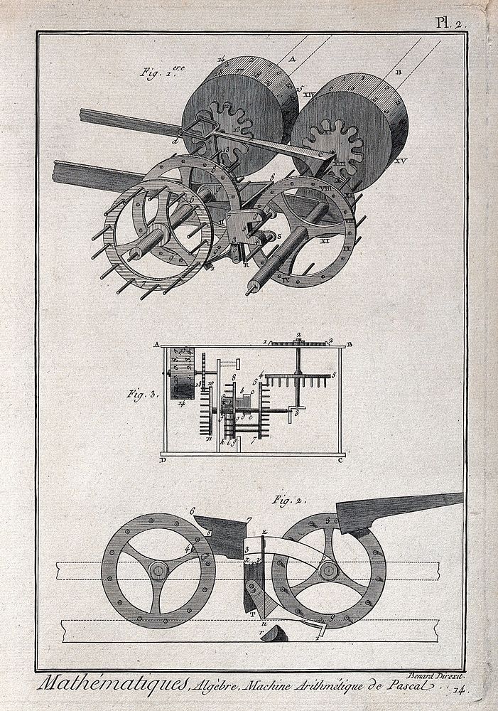 Mathematics: cutaway diagrams of the internal workings of Pascal's calculating machine. Engraving by Benard.