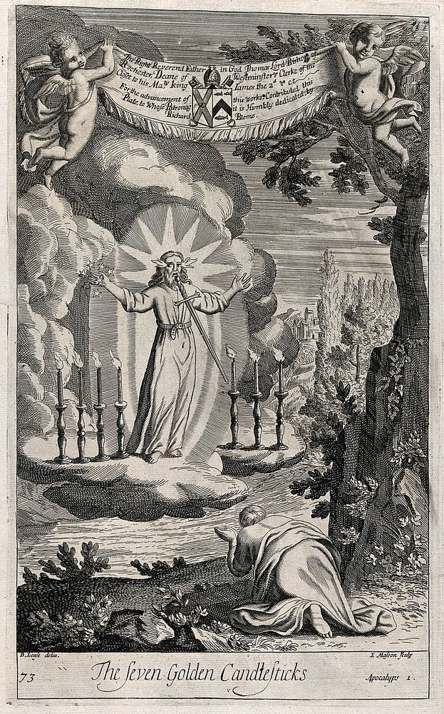 The seven golden candlesticks described in the book of Revelation. Engraving by L. Masson after B. Lens.