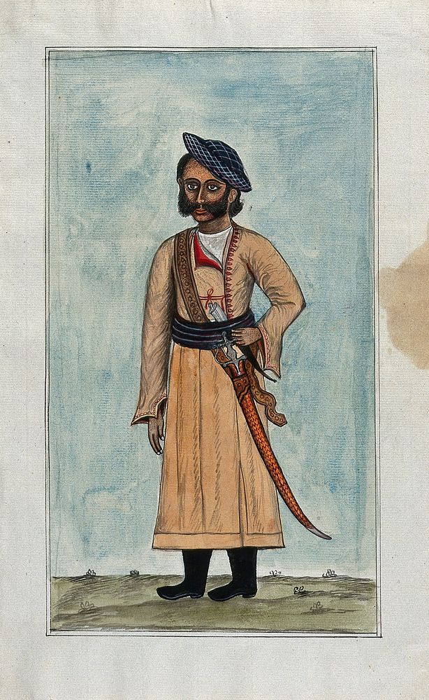 A man wearing a Mughal dress with boots and an English cap. Gouache painting by an Indian artist.
