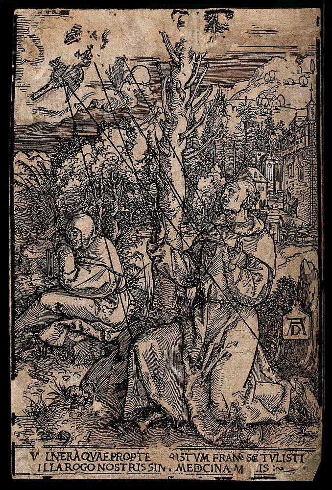 Saint Francis of Assisi receiving the stigmata of Christ; mount Alavernia in the background. Woodcut after A. Dürer.