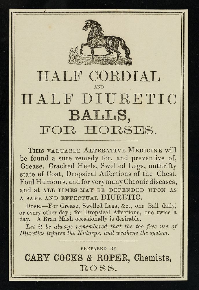 Half cordial and half diuretic balls : for horses / prepared by Cary Cocks and Roper.