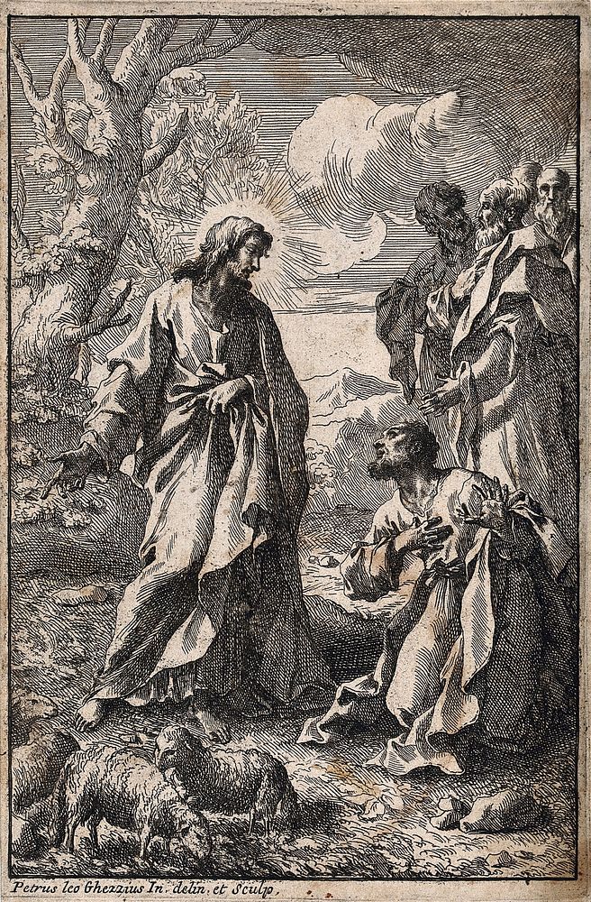 Jesus appoints Peter as head of the church. Etching by P.L. Ghezzi.