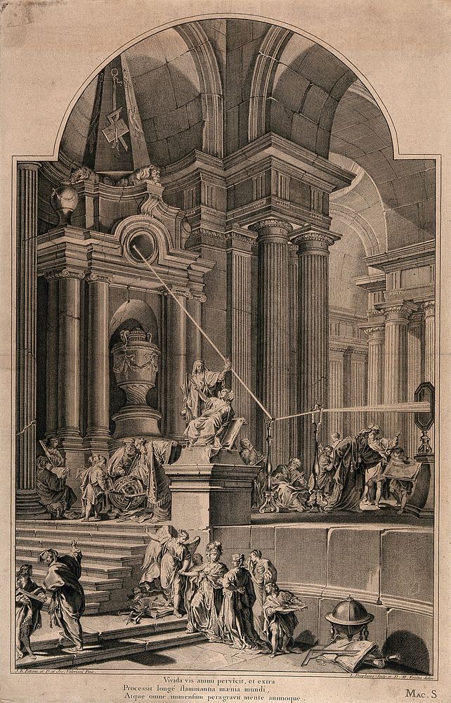 An allegorical monument to Sir Isaac Newton and his theories on prisms. Line engraving by L. Desplaces after D. M. Fratta…