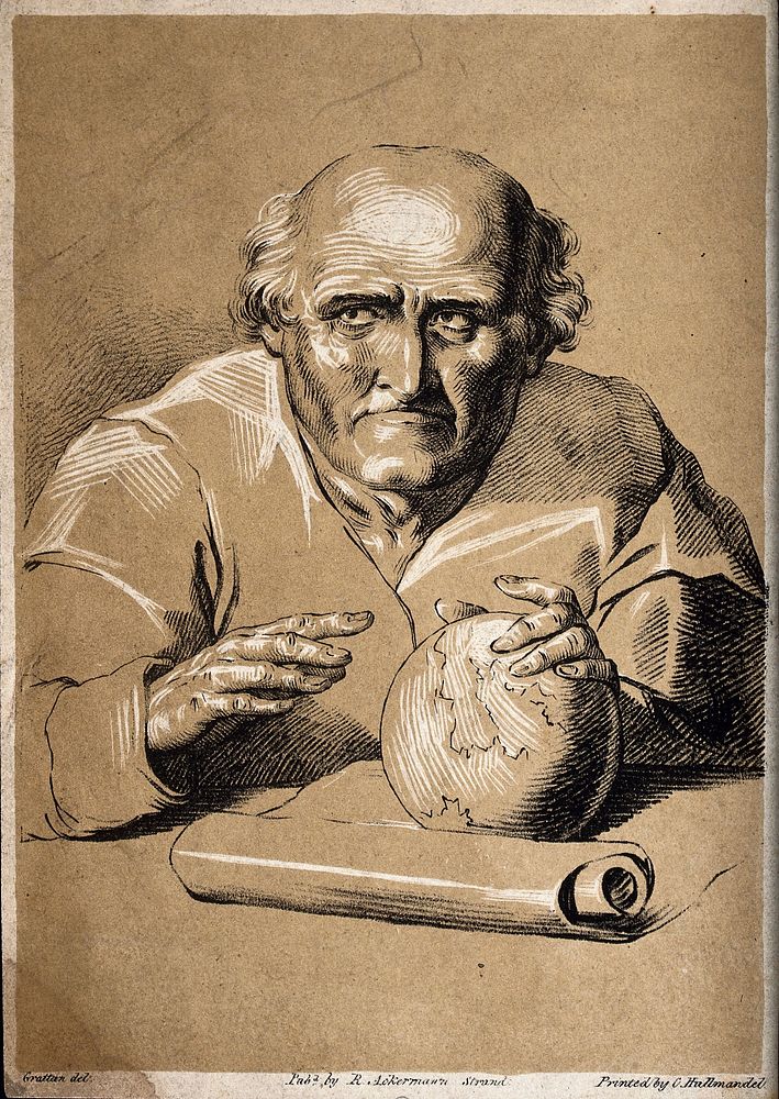 Astronomy: an astronomer [] in his study, holding a globe. Lithograph by C. Hullmandel after Grattan.