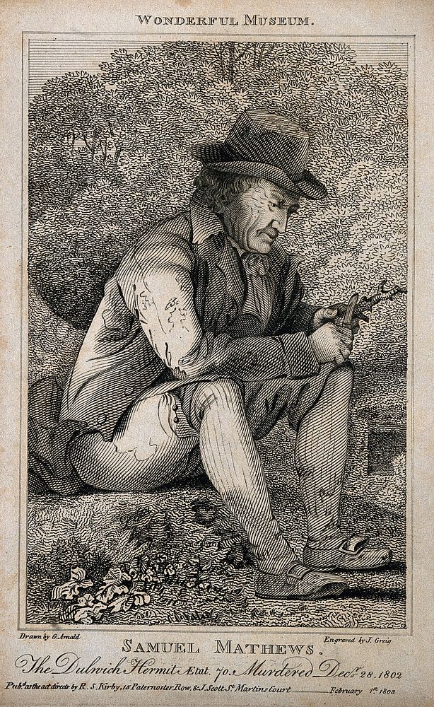 Samuel Mathews, a hermit. Engraving by J. Greig, 1803, after G. Arnald.
