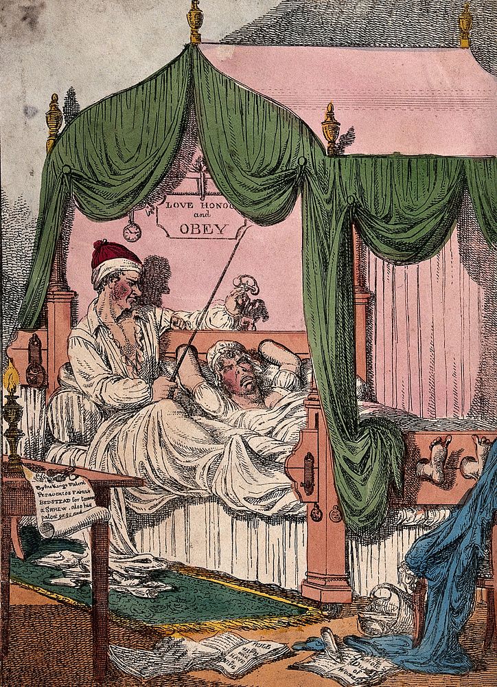 A couple lie in bed, the husband has a whip and thumbscrews, around the floor lie sheets of paper which tell of the way a…