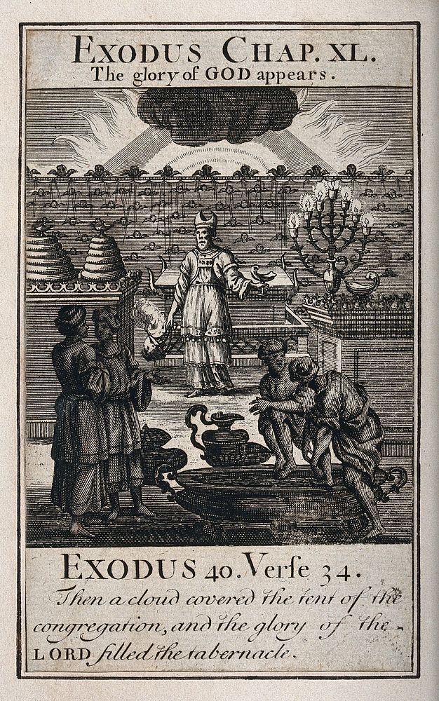 God appears radiantly behind a black cloud as Moses swings an incense burner; four people are washing their feet and hands…