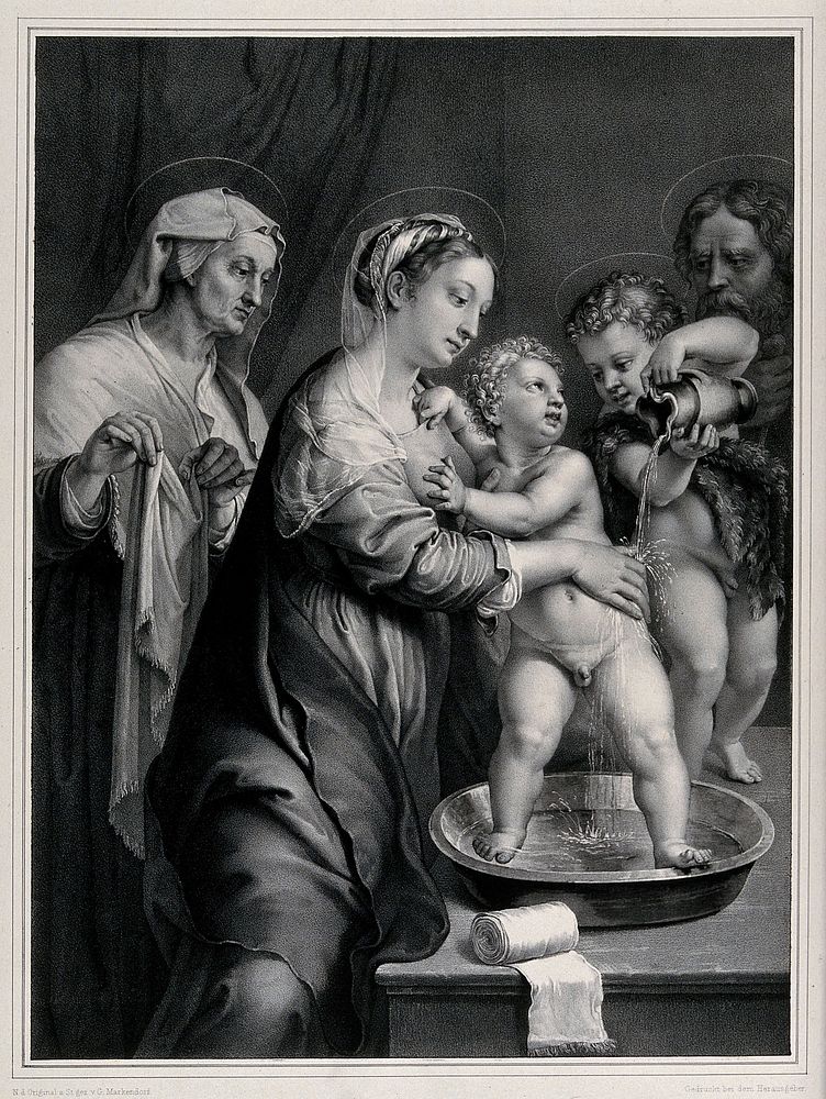 The Holy Family with Saint John the Baptist and Saint Anne. Lithograph by G. Markendorf after Giulio Romano.