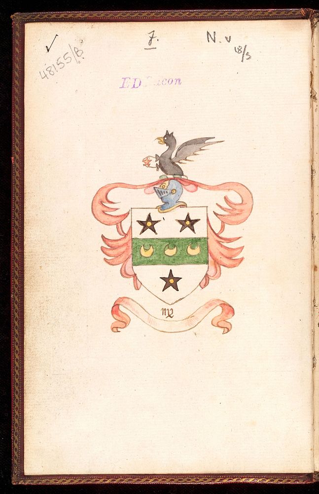 A coat of arms in an astrological common-place book by E. Sibly showing a dragon holding a star, seated upon a knights…