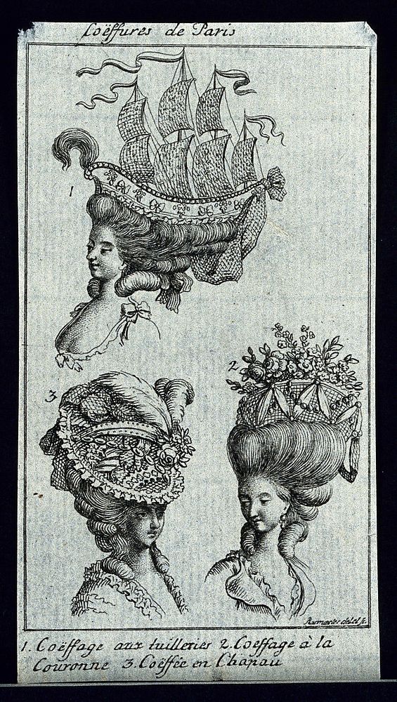 The heads and shoulders of three women who wear elaborate wigs and head-dresses. Etching by Rosmaesler .