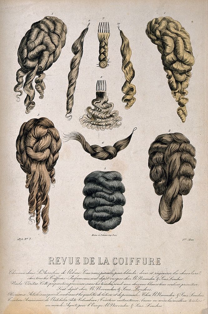 Ten different types of wigs and hair pieces. Coloured engraving, 1875.