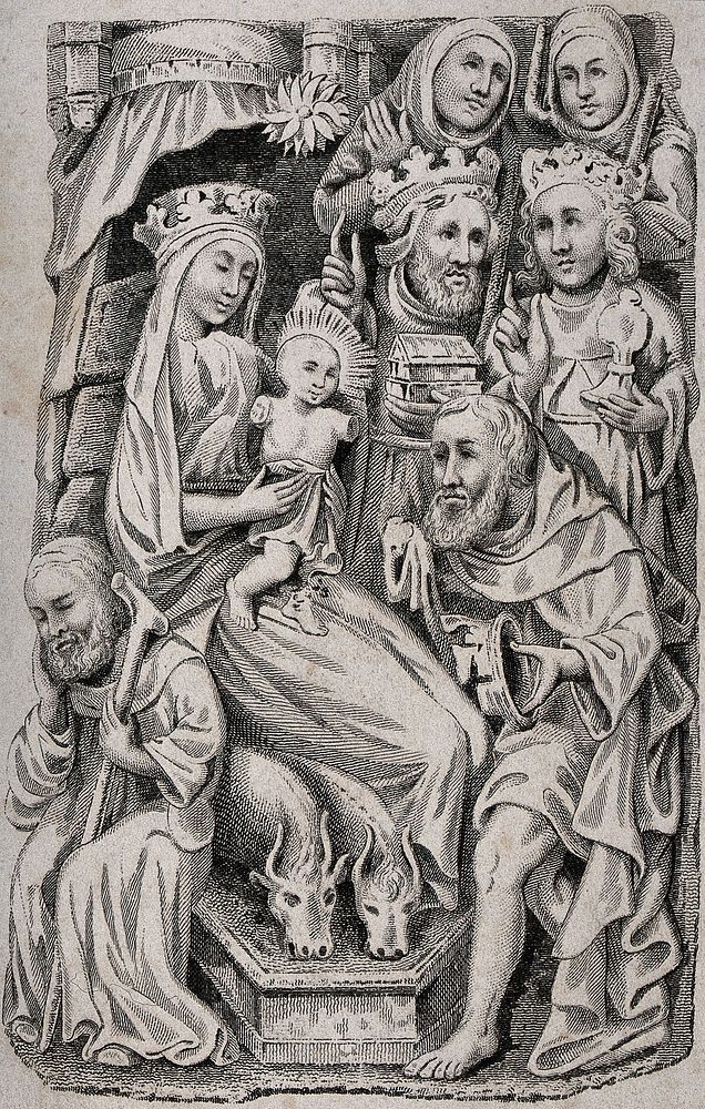 The adoration of the magi. Etching by J. Swaine after R. Shipster after medieval bas-relief.