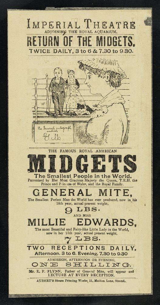 [Leaflet advertising the "midgets' return to London": General Mite, his father, E.F. Flynn and Miss Millie Edwards at the…