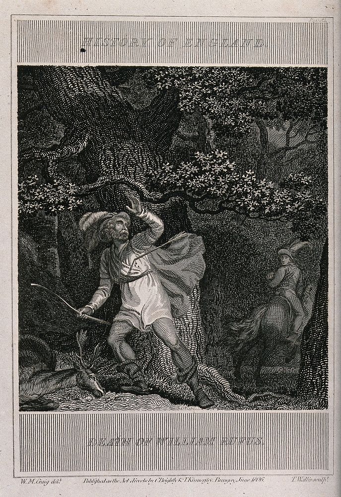 The death of William II (William Rufus): William has been shot with an arrow on a hunt in a forest. Etching by T. Wallis…