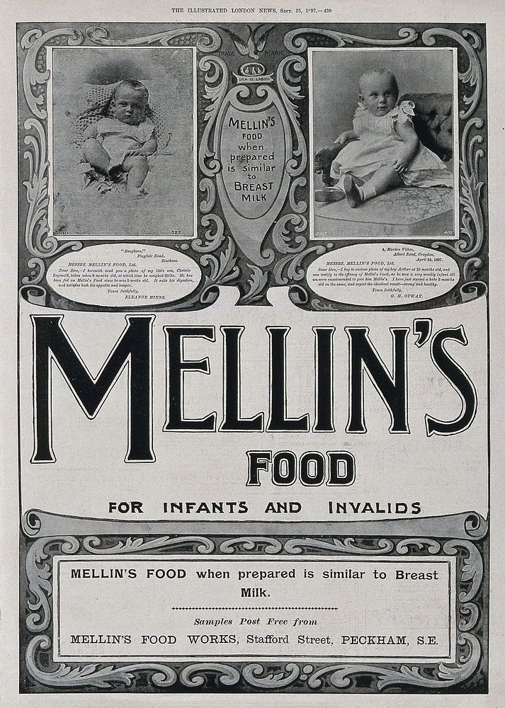 Two toddlers fed on Mellin's food for infants, with testimonials by their parents advertising Mellin's product. Process…
