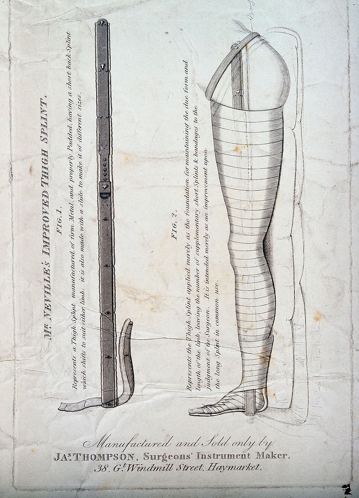 Advertisment for a thigh splint: two figures, including an illustration showing the splint in place on a bandaged limb.…