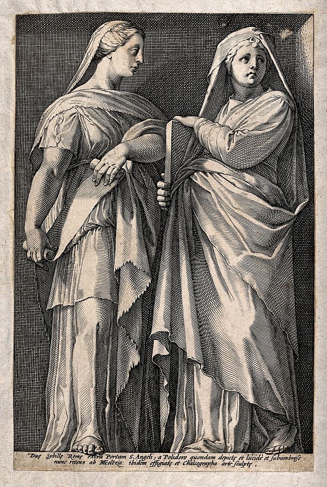 Two sibyls. Engraving by H. Goltzius.
