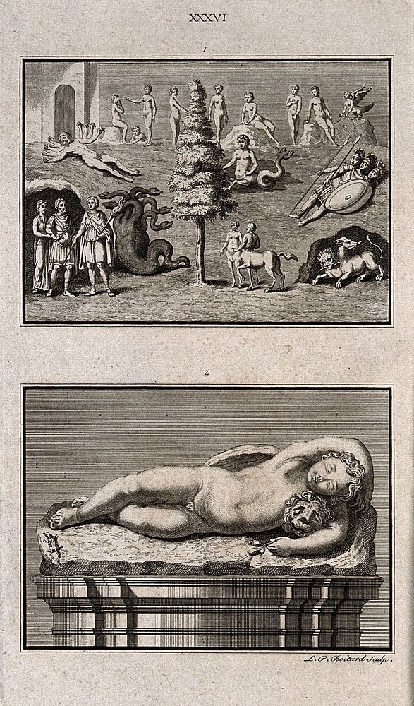 A mythological scene; the sleeping infant Hercules. Engraving by L.P. Boitard.