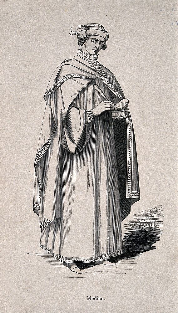 A physician in traditional costume, Italy. Wood engraving.