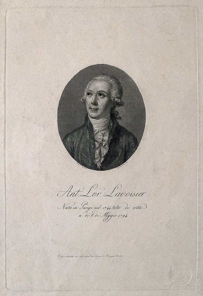 Antoine Laurent Lavoisier. Line engraving by A. Gajani, 1815, after J. L. David.