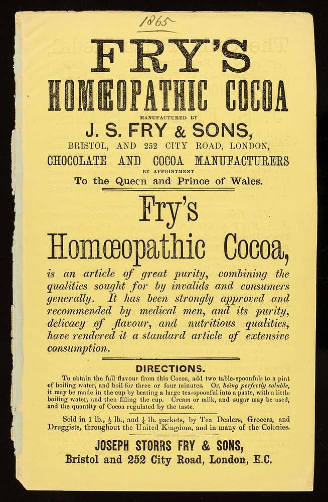 Fry's homoeopathic cocoa : manufactured by J.S. Fry & Sons, Bristol, and 252 City Road, London, chocolate and cocoa…