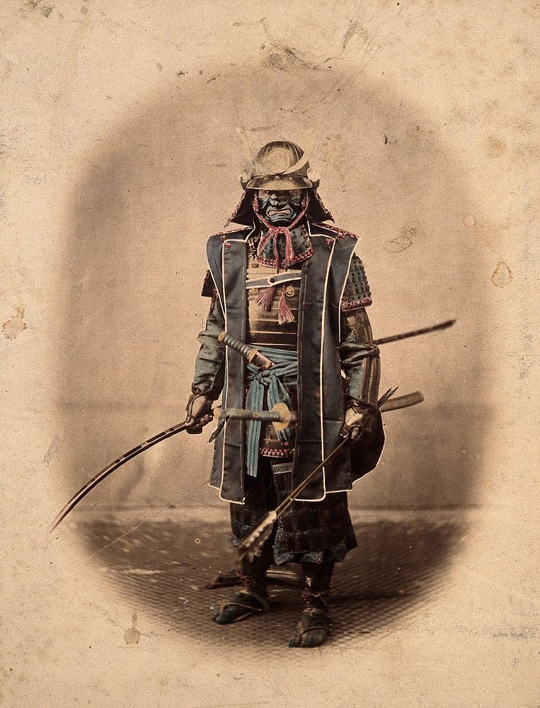 Koboto Santaro, a Japanese military commander, wearing traditional armour. Coloured photograph by Felice Beato, ca. 1868.