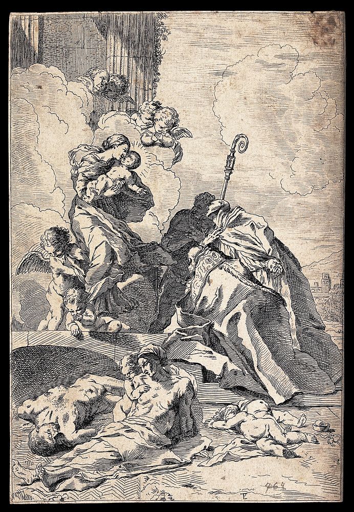 Saint Nicholas and Saint Roch invoking the help of the Virgin to stay the plague. Etching after P. Testa.