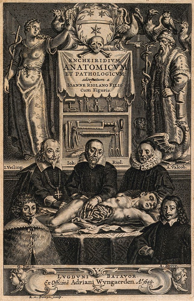 An anatomical dissection by Jean Riolan the younger (1580-1657). Engraving of 1649 by Renier van Persyn after a design of…