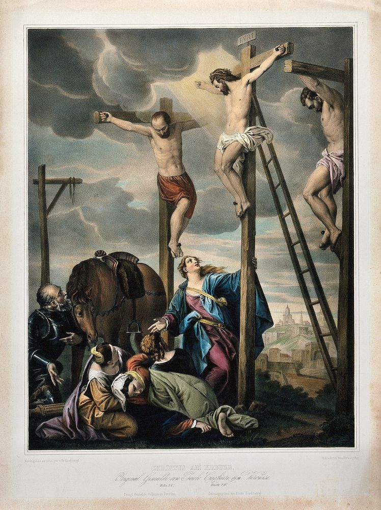 The crucifixion of Christ; beneath the cross are positioned the four Maries, a soldier and a horse. Coloured lithograph by…