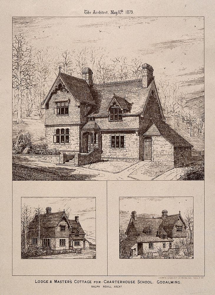 Charterhouse School, Godalming, Surrey: images of the Lodge & Master' Cottage. Photolithograph by Sprague & Co., 1879, after…