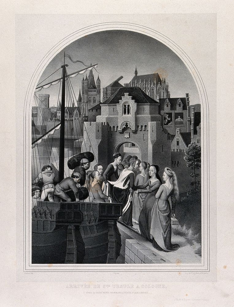 Saint Ursula disembarking at Cologne. Lithograph by L.J. Ghémar after H. Memlinc.