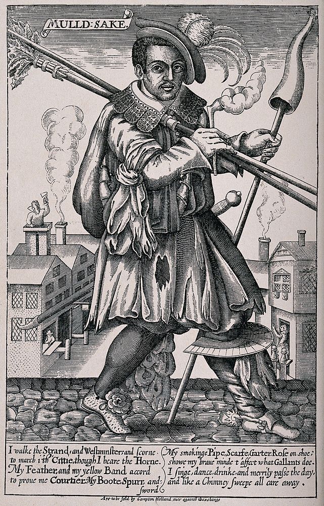 John Cottington, a chimney-sweep, in elaborate costume walking the street with smoking pipe and horn in hand, with…