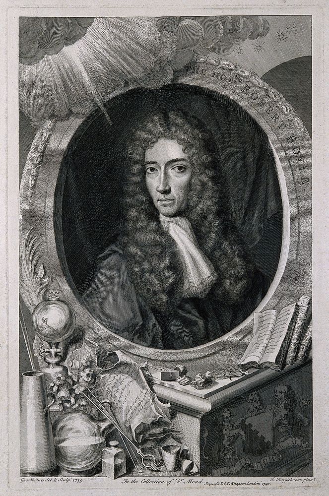 Robert Boyle. Line engraving by G. Vertue, 1739 after J. Kerseboom.