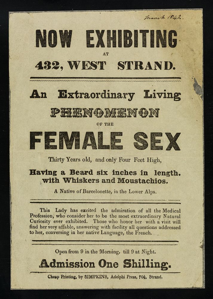 Now exhibiting at 432, West Strand : an extraordinary living phenomenon of the female sex, thirty years old, and only four…