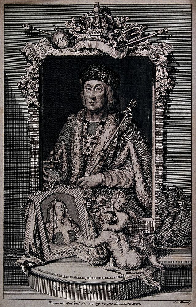 King Henry VII, holding a sceptre and an orb; below, Elizabeth of York and two putti holding roses. Engraving by J. Hulett…