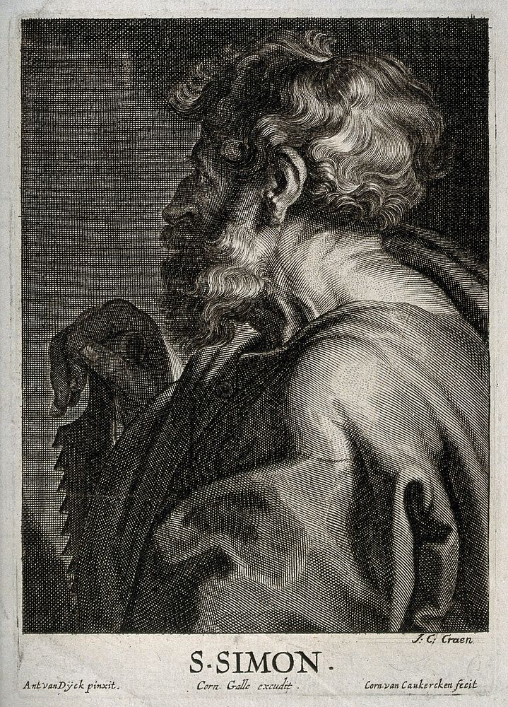 Saint Simon. Line engraving by C. van Caukercken after Sir A. van Dyck.