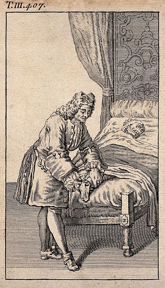 A surgeon dressing the stump of a patient's recently amputated leg. Engraving, 1738.