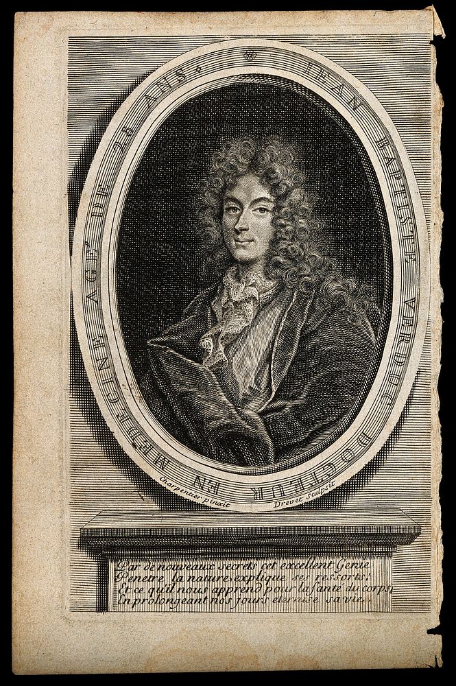 Jean Baptiste Verduc. Line engraving by P. Drevet after Charpentier.