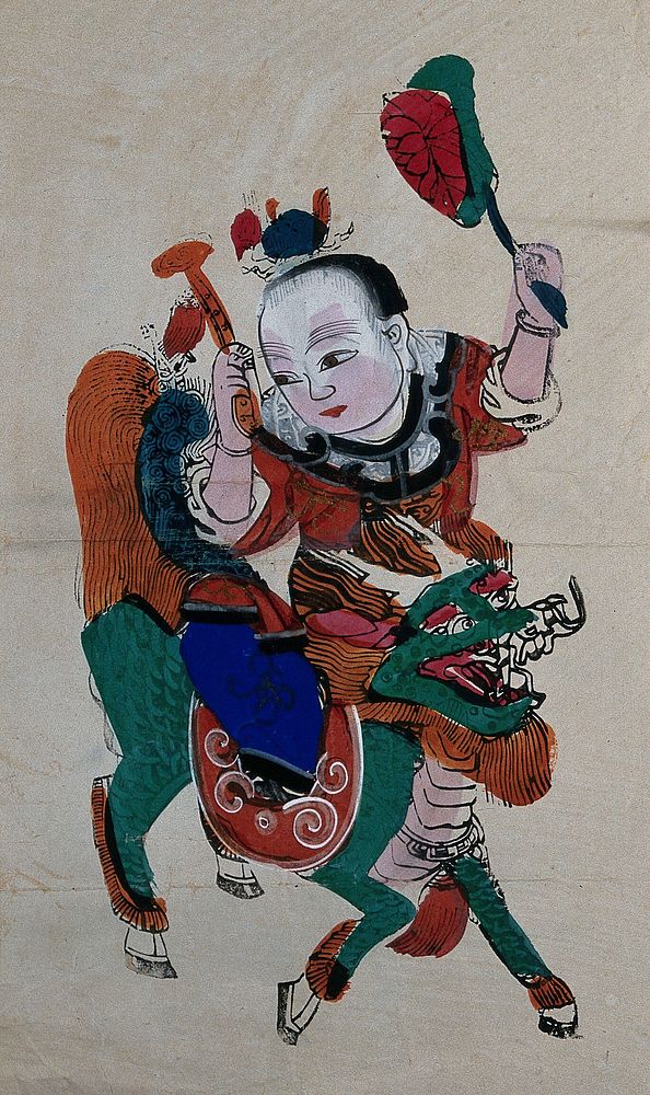 A Chinese woman with flowers in her hand rides a dragon. Colour woodcut by a Chinese artist.