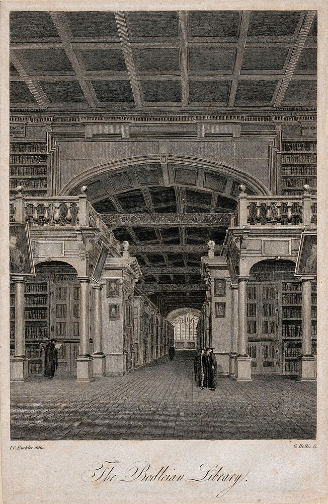 Bodleian Library, Oxford: interior panoramic view. Line engraving by G. Hollis after J.C. Buckler.