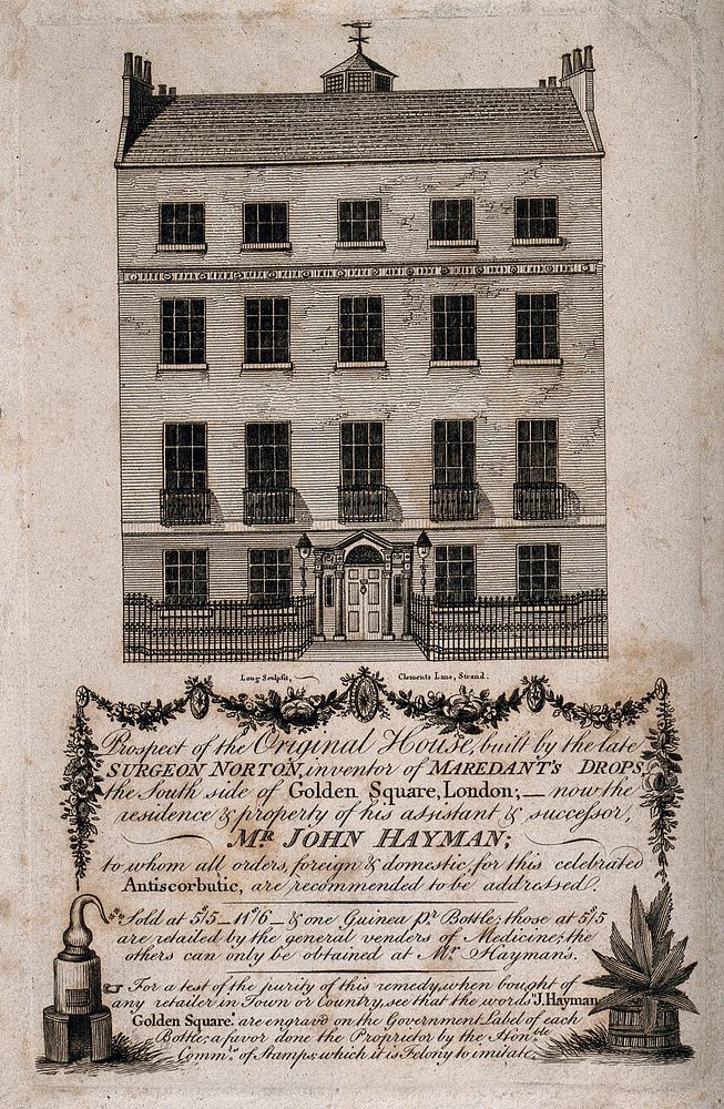Surgeon John Norton's House, Golden Square, London, (top) and an advertisement for "his assistant & successor" John Hayman.…