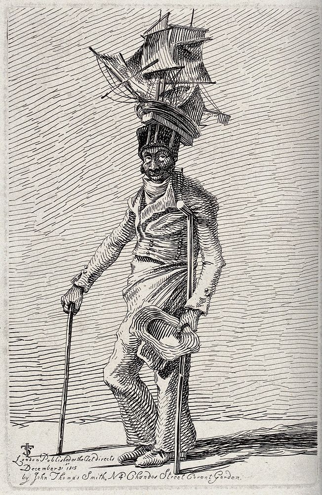A black man in ragged clothes moving with the aid of crutches holds out his hat to beg for alms while wearing a miniature…