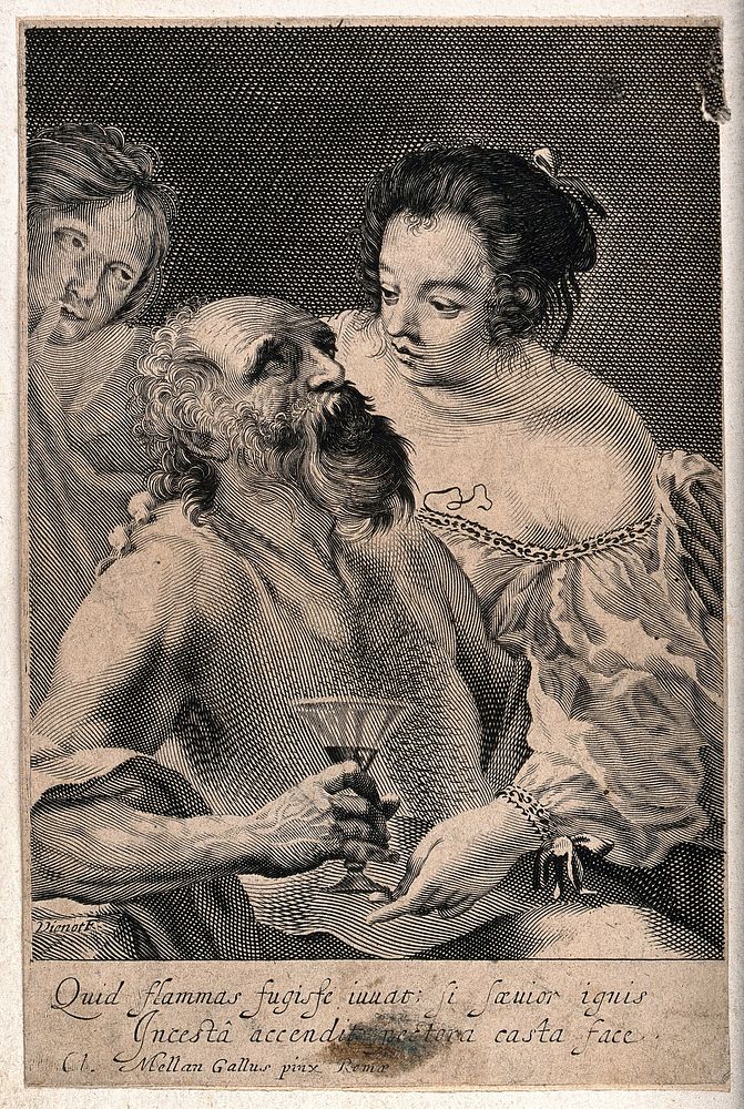 Lot made drunk by his daughters. Line engraving by Vienot after Cl. Mellan.